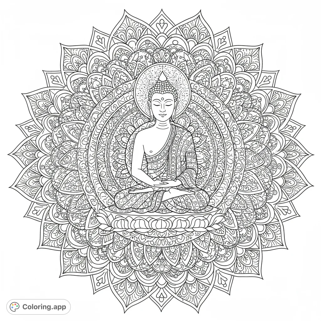 Intricate Buddhist mandala coloring page. Features detailed patterns, serene figures, and balanced open spaces for creative coloring.