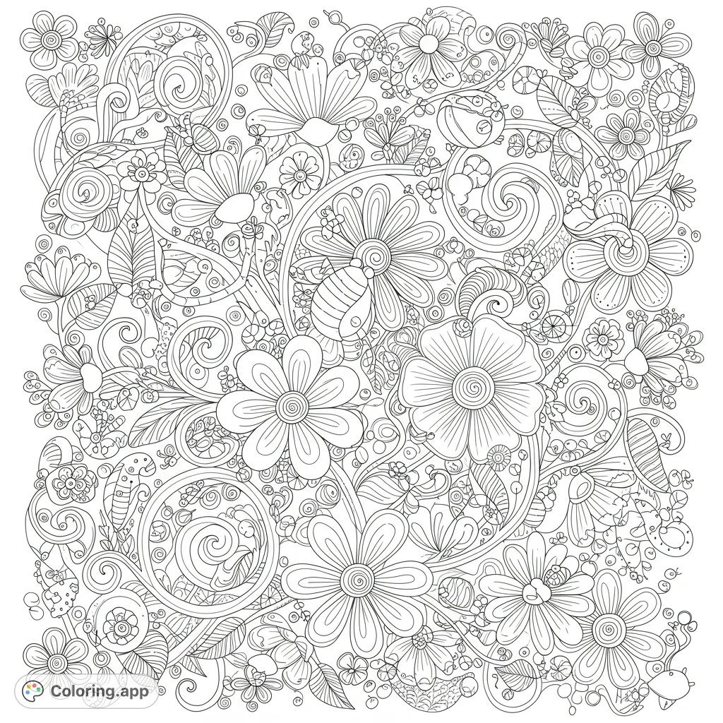 Delightful coloring page featuring whimsical floral patterns with hidden insects and swirling vines. Perfect for creative coloring fun!