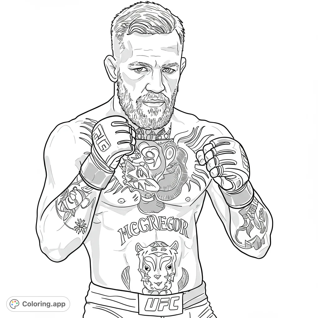 Conor McGregor coloring page. Bold, clean lines define the famous MMA fighter in a dynamic pose.