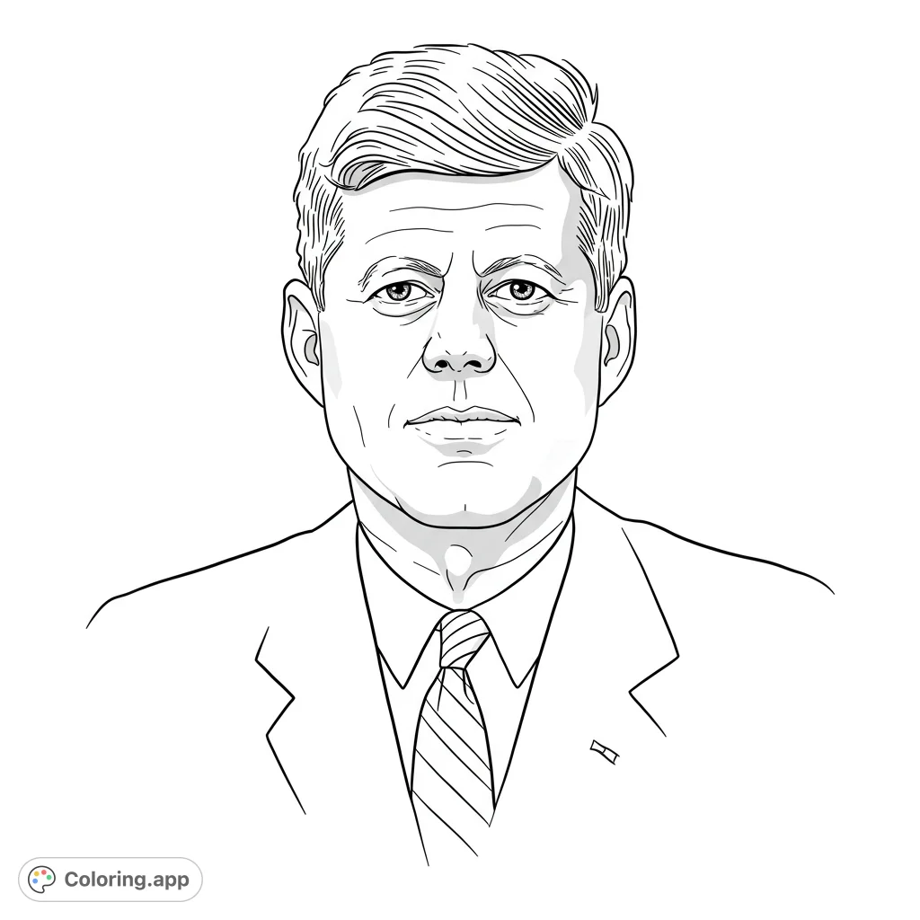 A detailed black and white line drawing of John F. Kennedy, perfect for coloring.