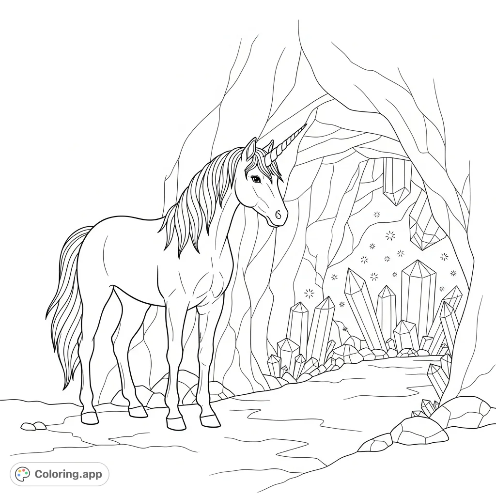 A unicorn standing near a glowing crystal cave