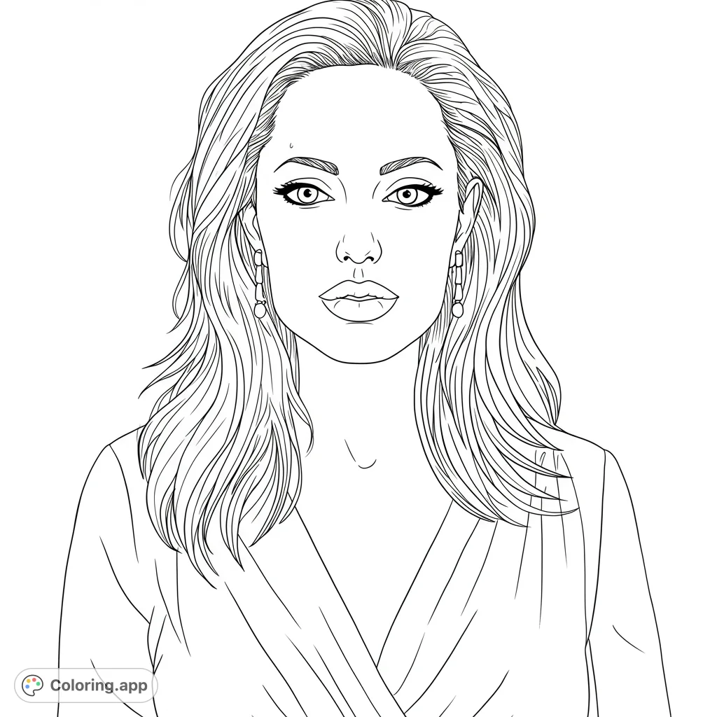 Detailed black and white line art of Angelina Jolie, perfect for coloring. Features bold lines and open spaces for easy coloring.