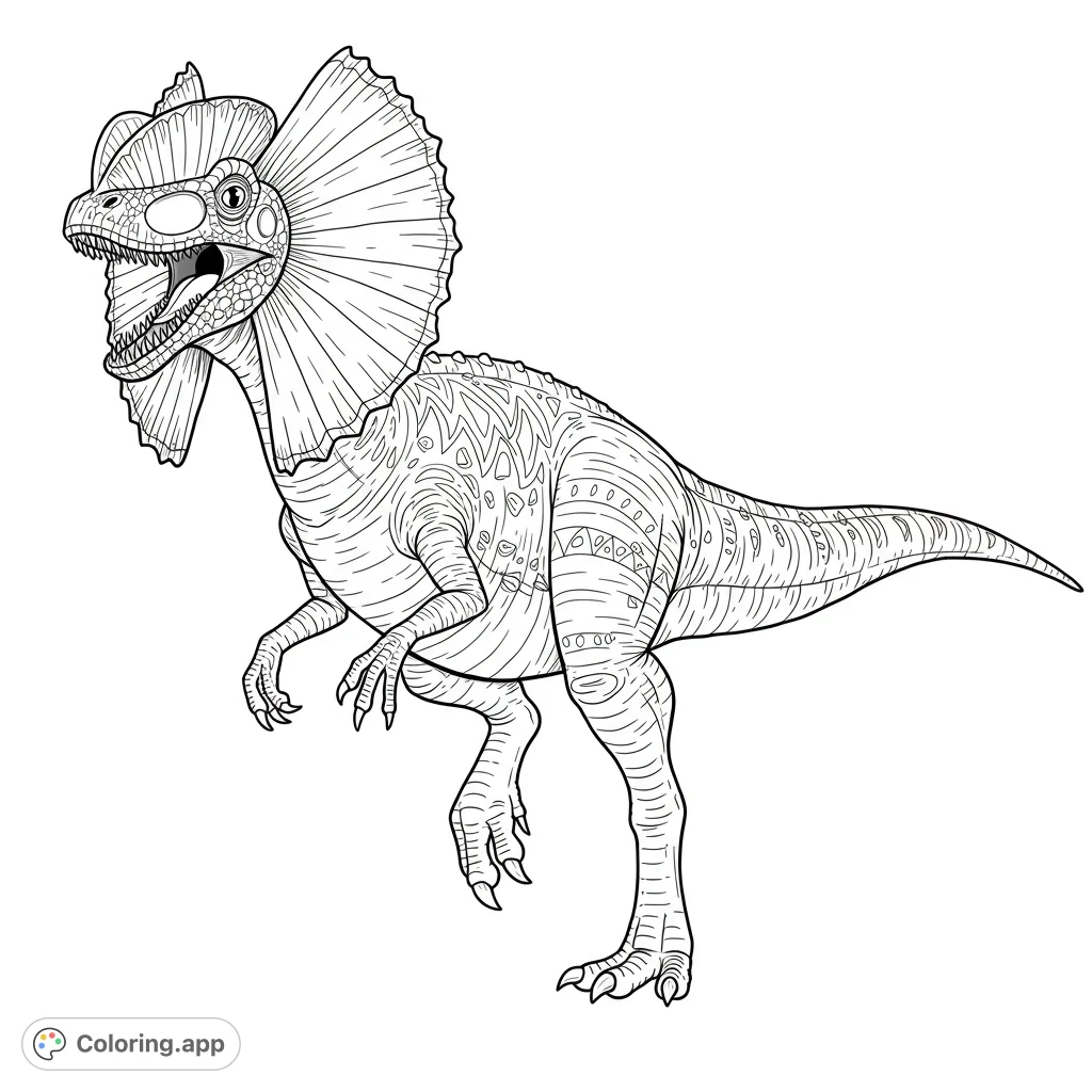 Detailed Dilophosaurus coloring page. Features a fierce dinosaur with a frill and detailed patterns.