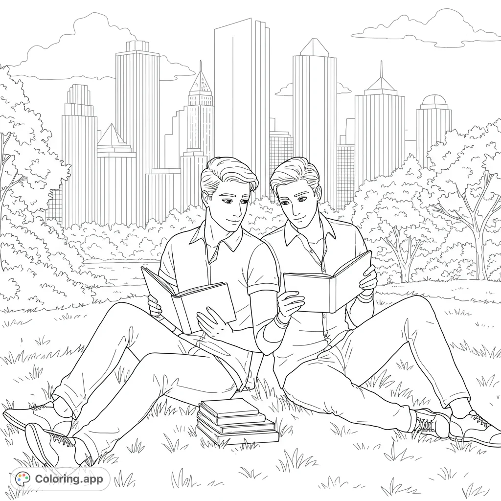 Two men in love reading books on a grassy hill in a city park. Detailed black and white line art with open spaces for coloring.