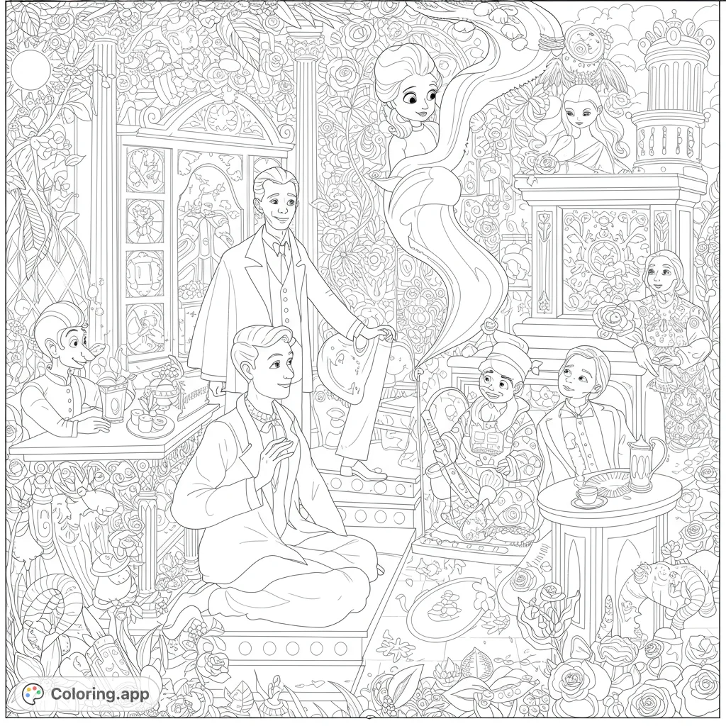 Detailed coloring page of a classic movie scene. Features multiple characters and intricate background elements with clean lines and open spaces for coloring.