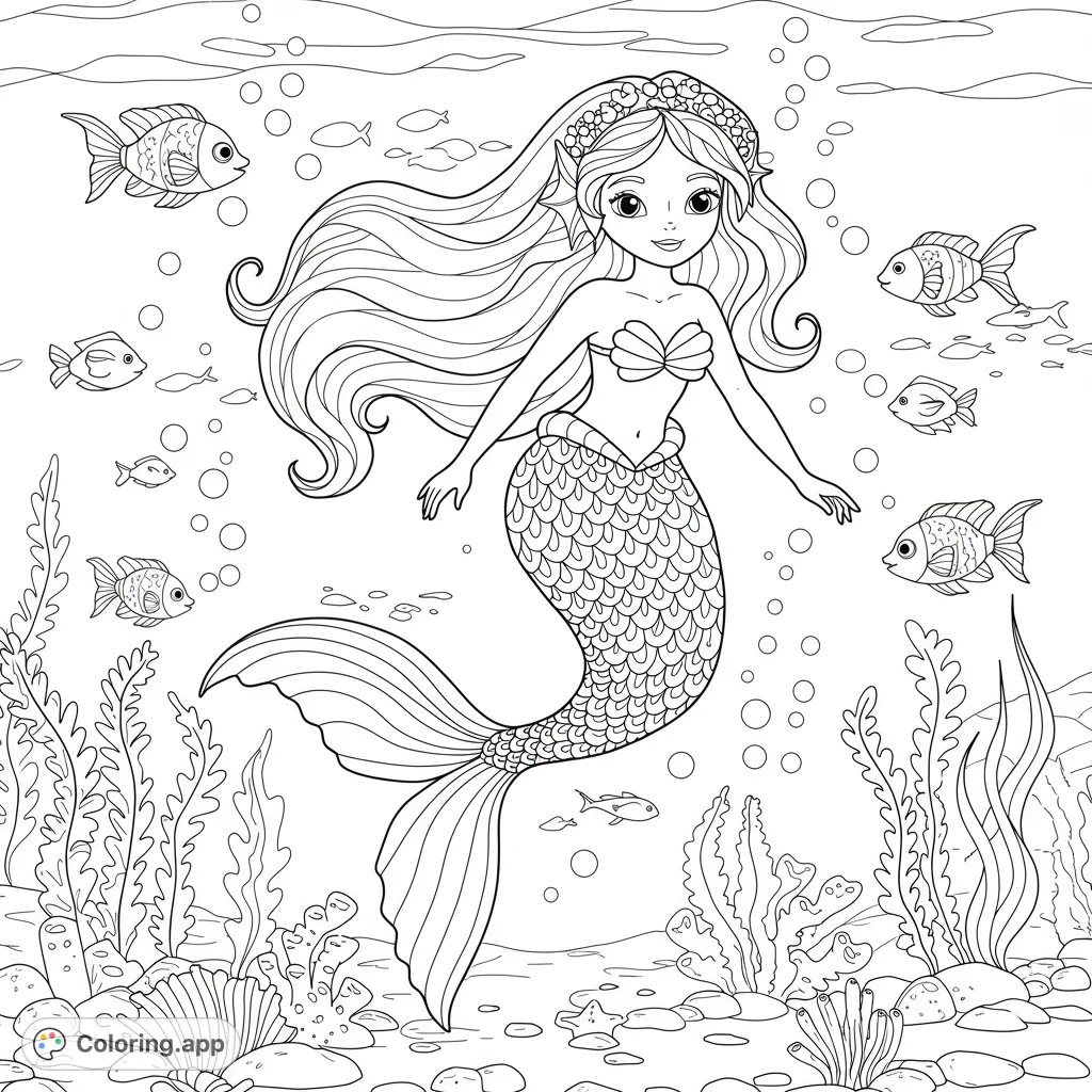 A beautiful mermaid swims underwater, surrounded by flowing seaweed and playful fish. This detailed black and white line art is perfect for coloring.