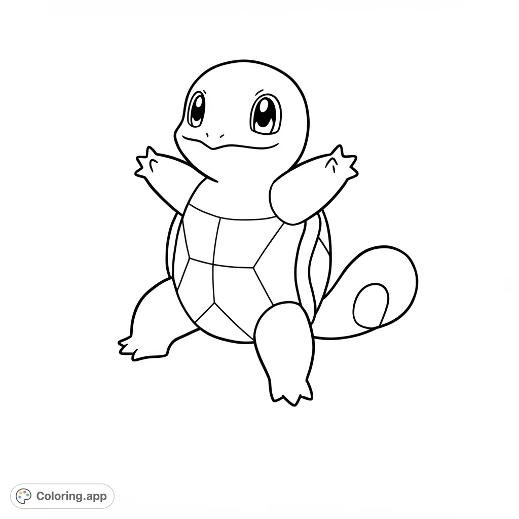 Adorable Squirtle ready for coloring! This black and white line drawing features clean lines, detailed shell, and playful pose.