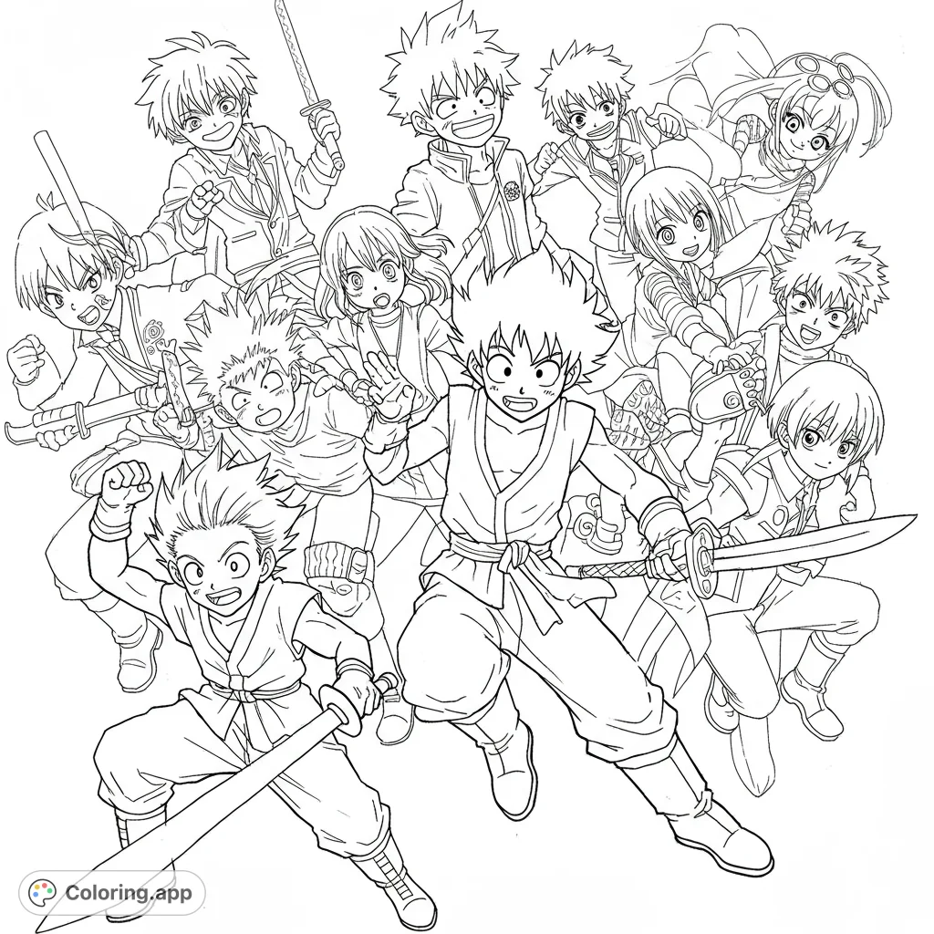 Anime characters coloring page. Featuring multiple popular anime characters in a dynamic, detailed scene.