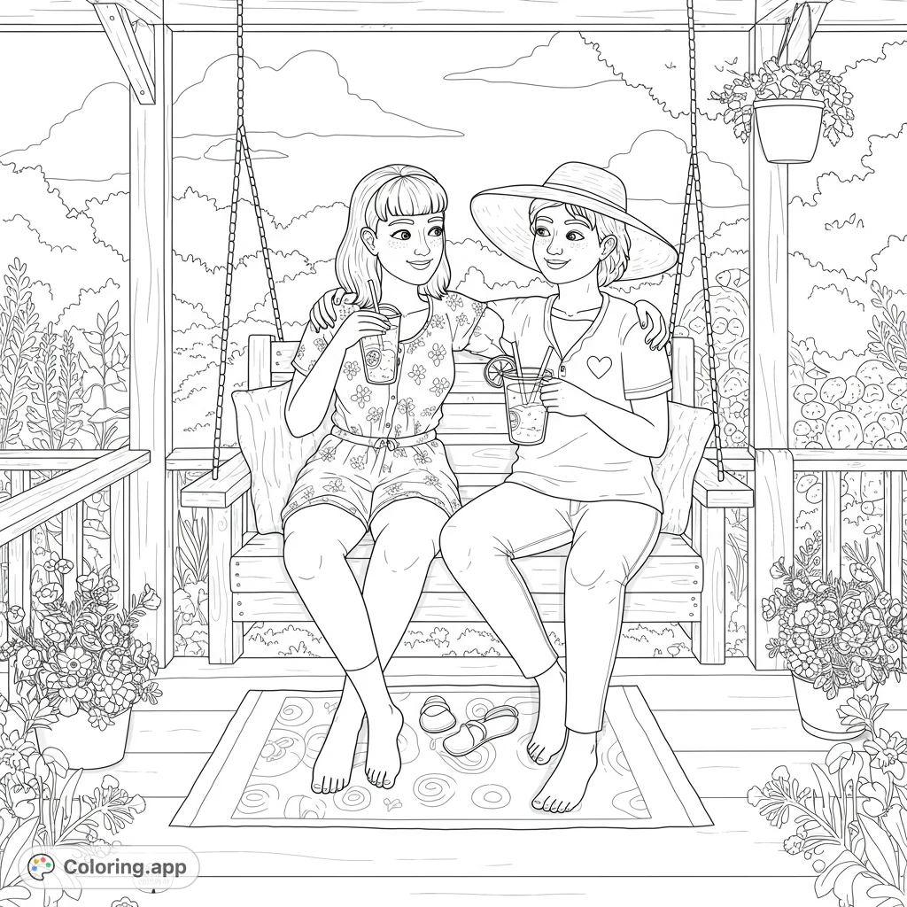 Enjoy this heartwarming coloring page of a lesbian couple sharing a sweet moment on a porch swing. Features a lush garden and lemonade.