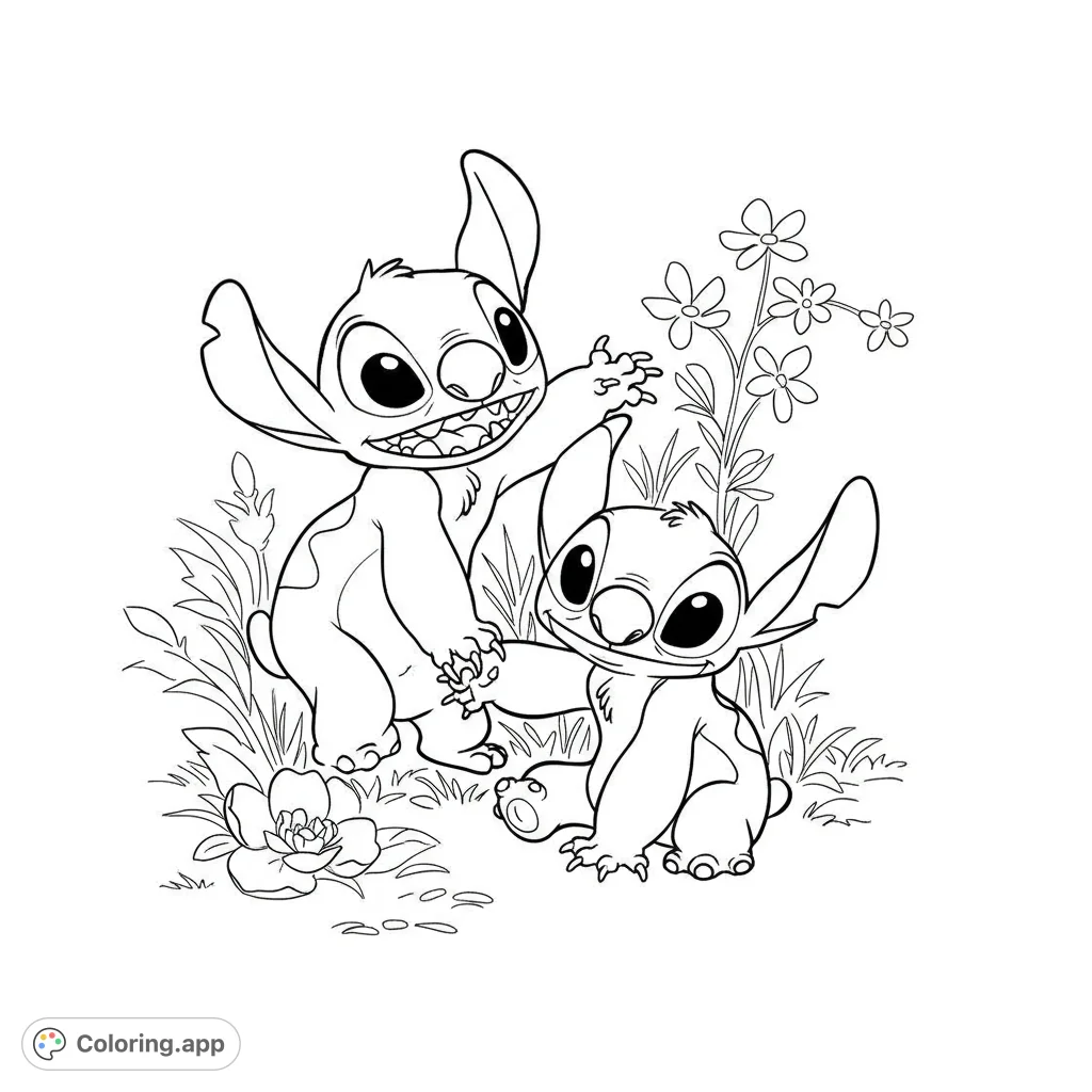 Adorable Lilo and Stitch coloring page! Features the beloved Disney duo in a playful scene with bold, clean lines and open spaces for easy coloring.