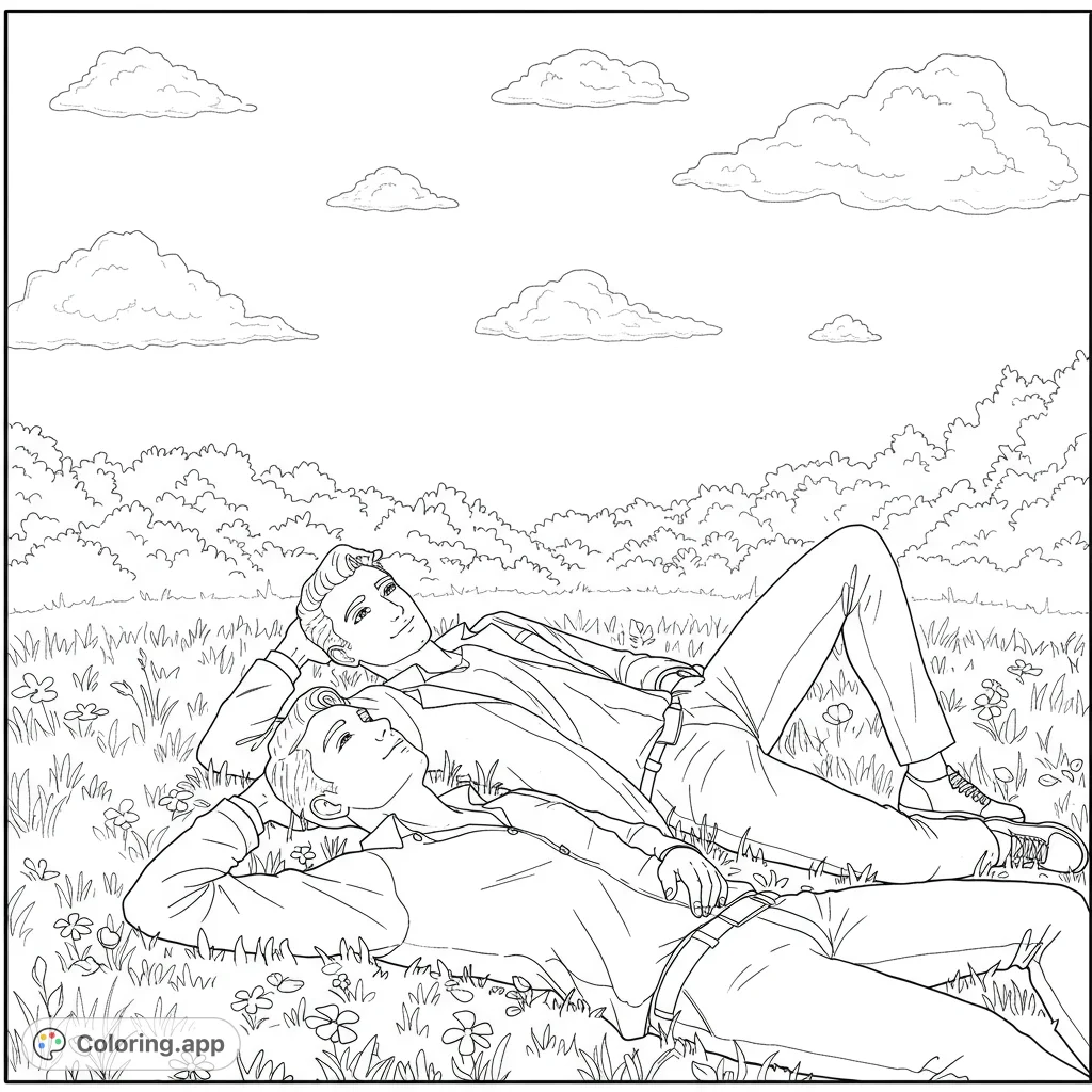 Two men in love gaze at the sky in a peaceful park. A heartwarming black and white line art coloring page with fluffy clouds and open spaces for color.