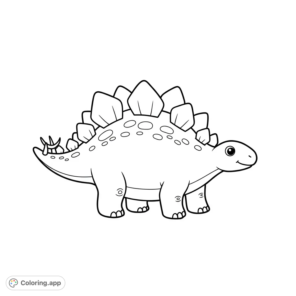 Adorable Stegosaurus coloring page! Features a cute, friendly dinosaur with bold, clean lines and open spaces for easy coloring.