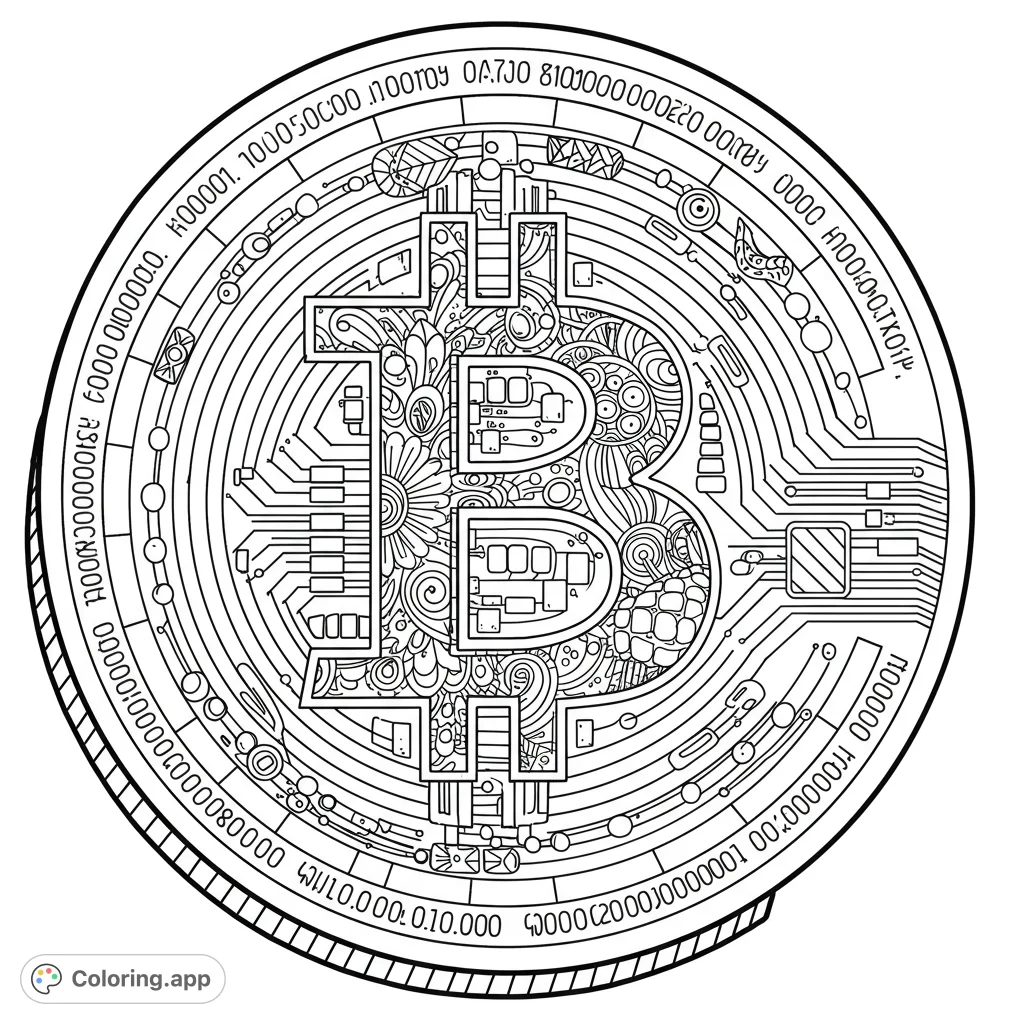 Bitcoin crypto coloring page. Features a detailed illustration of a Bitcoin symbol with intricate patterns and open spaces for easy coloring.