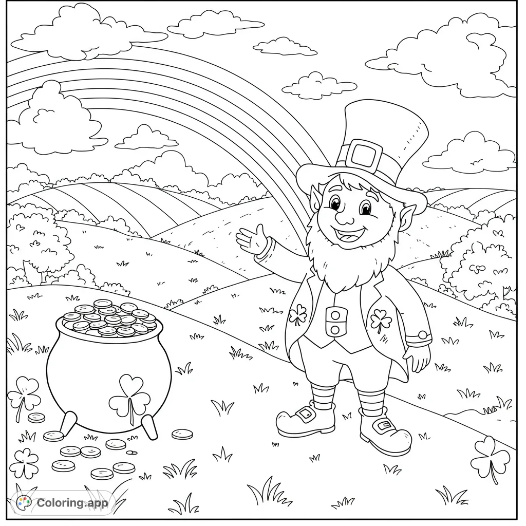 A whimsical coloring page featuring a cheerful leprechaun at the end of a vibrant rainbow in Ireland. Detailed line art with open spaces for easy coloring.