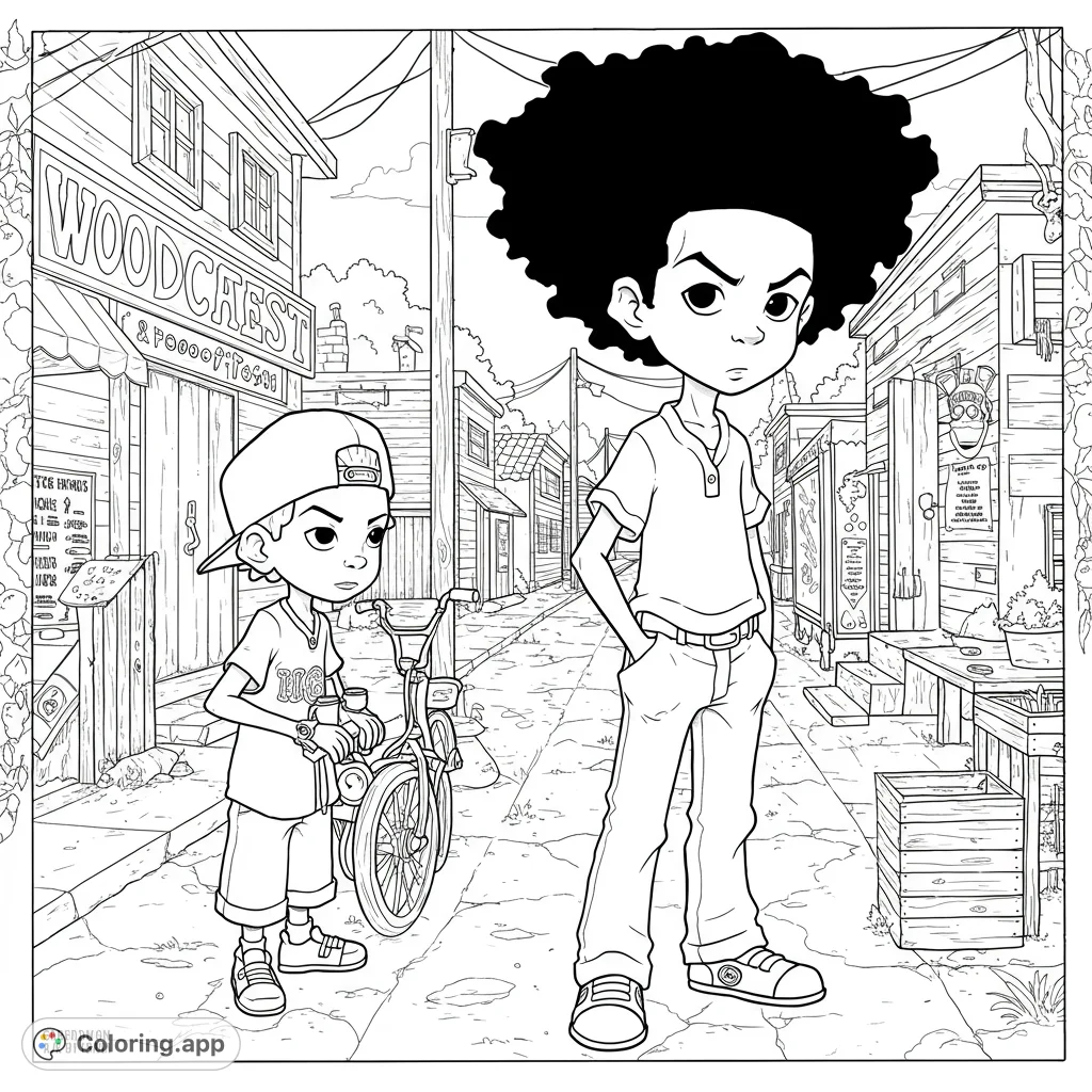 Woodcrest street scene coloring page featuring The Boondocks characters. Detailed background with clean lines and open spaces for easy coloring.