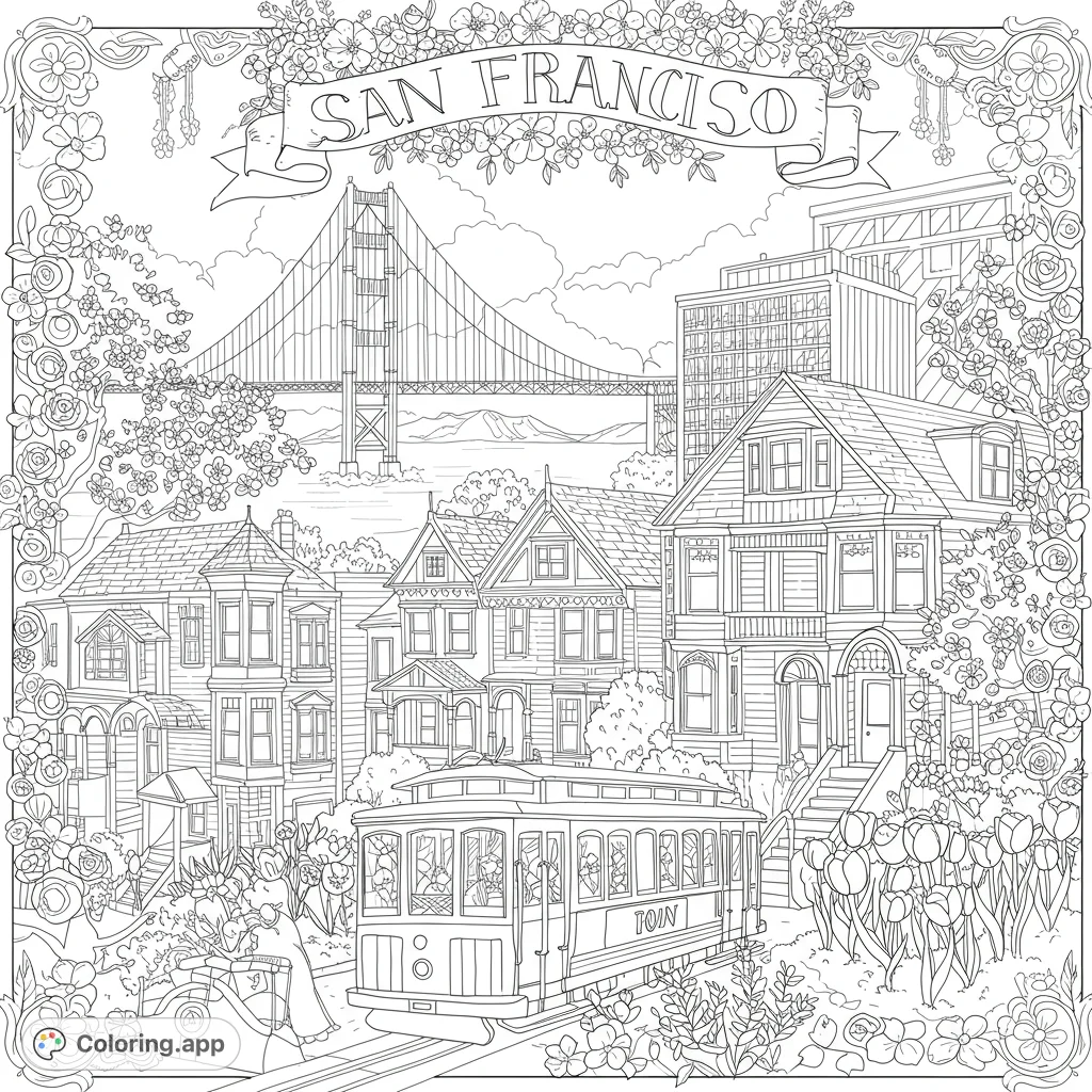 Springtime in San Francisco coloring page! Features iconic landmarks and blooming flowers.