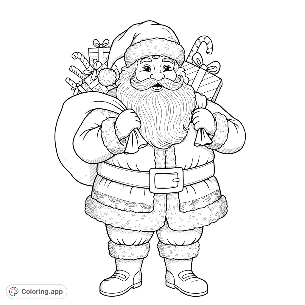 Festive Santa Claus coloring page! A jolly Santa with a detailed beard, holding gifts.