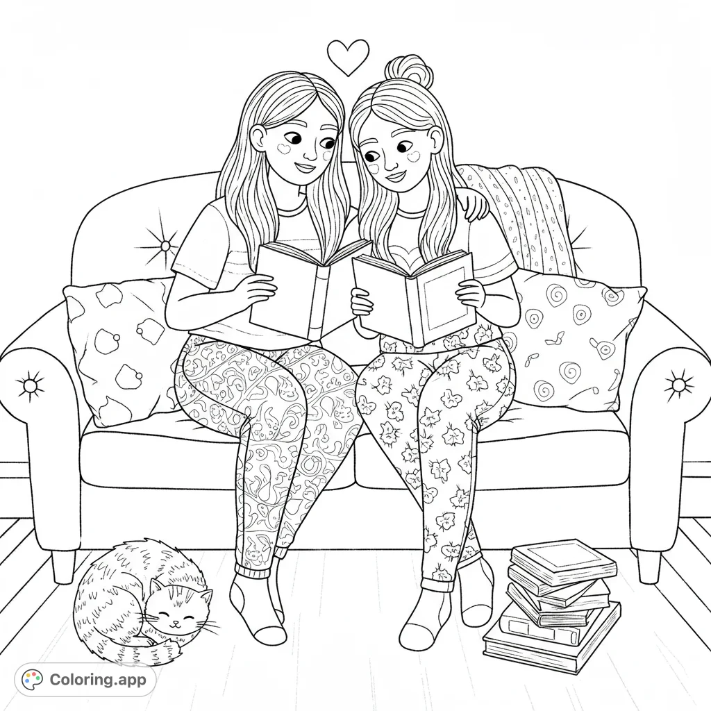 Cozy coloring page of a lesbian couple reading on a sofa with their cat. Features clean lines, detailed patterns, and open spaces for easy coloring.