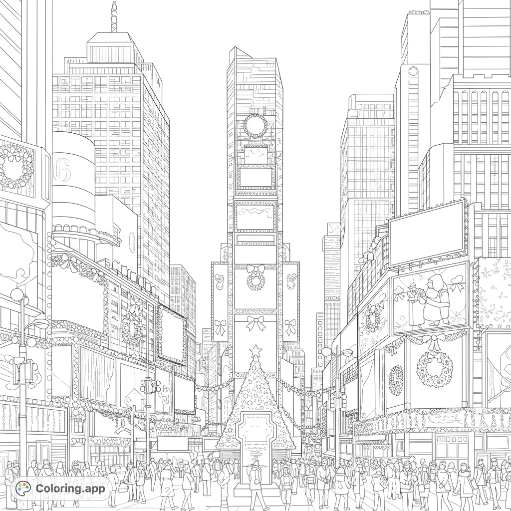 Festive Times Square coloring page! A detailed black and white line drawing of Times Square at Christmas, with iconic buildings, holiday decorations, and people.