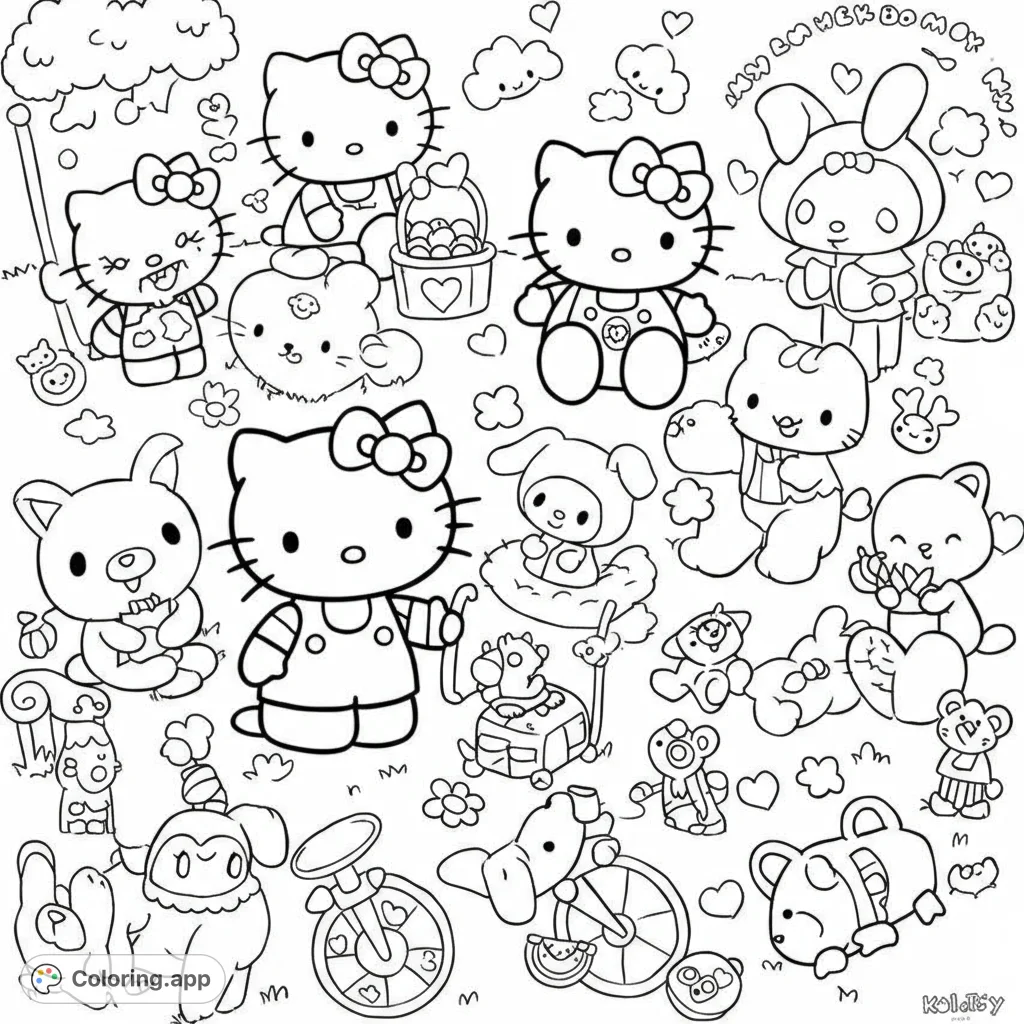 Adorable Hello Kitty and friends coloring page! Featuring clean, bold lines and a balanced design with detailed and open areas for easy coloring.