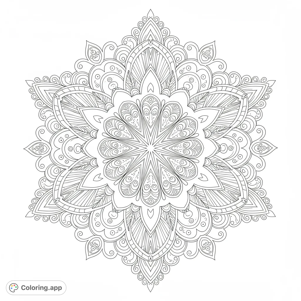 Intricate spiritual coloring page featuring a mandala design with detailed patterns and symbols. Perfect for relaxation and mindfulness.
