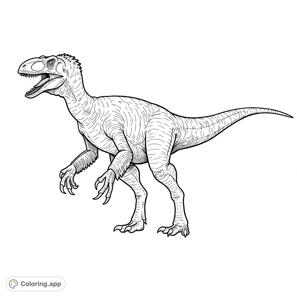 Detailed Therizinosaurus coloring page. Features a prehistoric herbivore with long claws, perfect for dinosaur enthusiasts.
