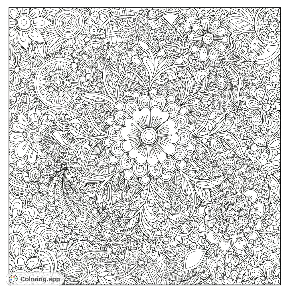 Intricate Zentangle floral design for coloring. Features highly detailed patterns with a balance of open and filled areas.