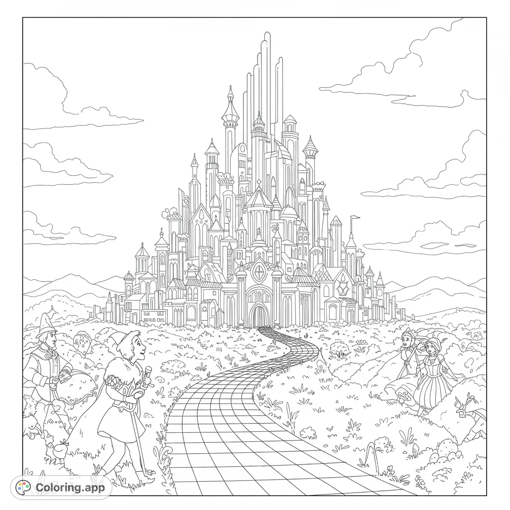 Journey down the Yellow Brick Road to color the majestic Emerald City! This detailed black and white line art coloring page features towering spires and open spaces.