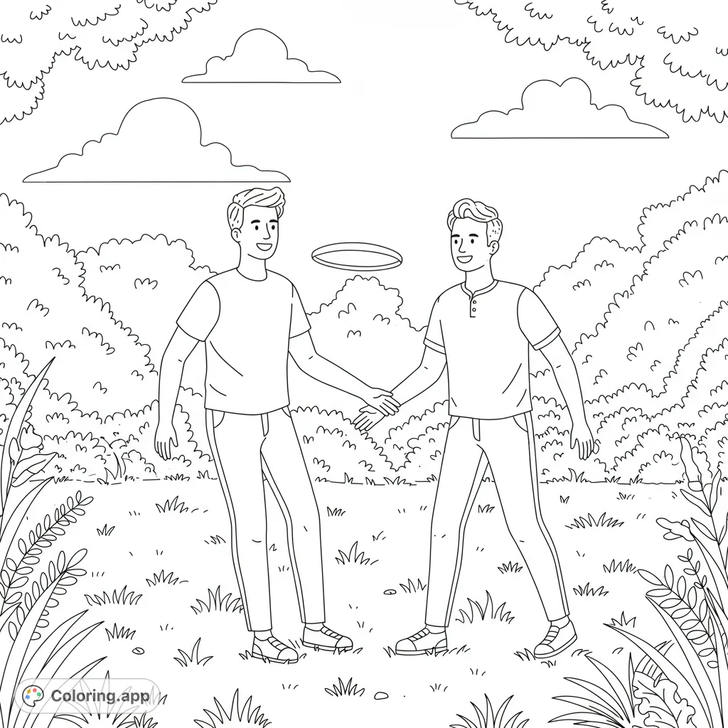 Two joyful men in love play frisbee in a park. A heartwarming black and white line drawing with clean lines and open spaces for coloring.