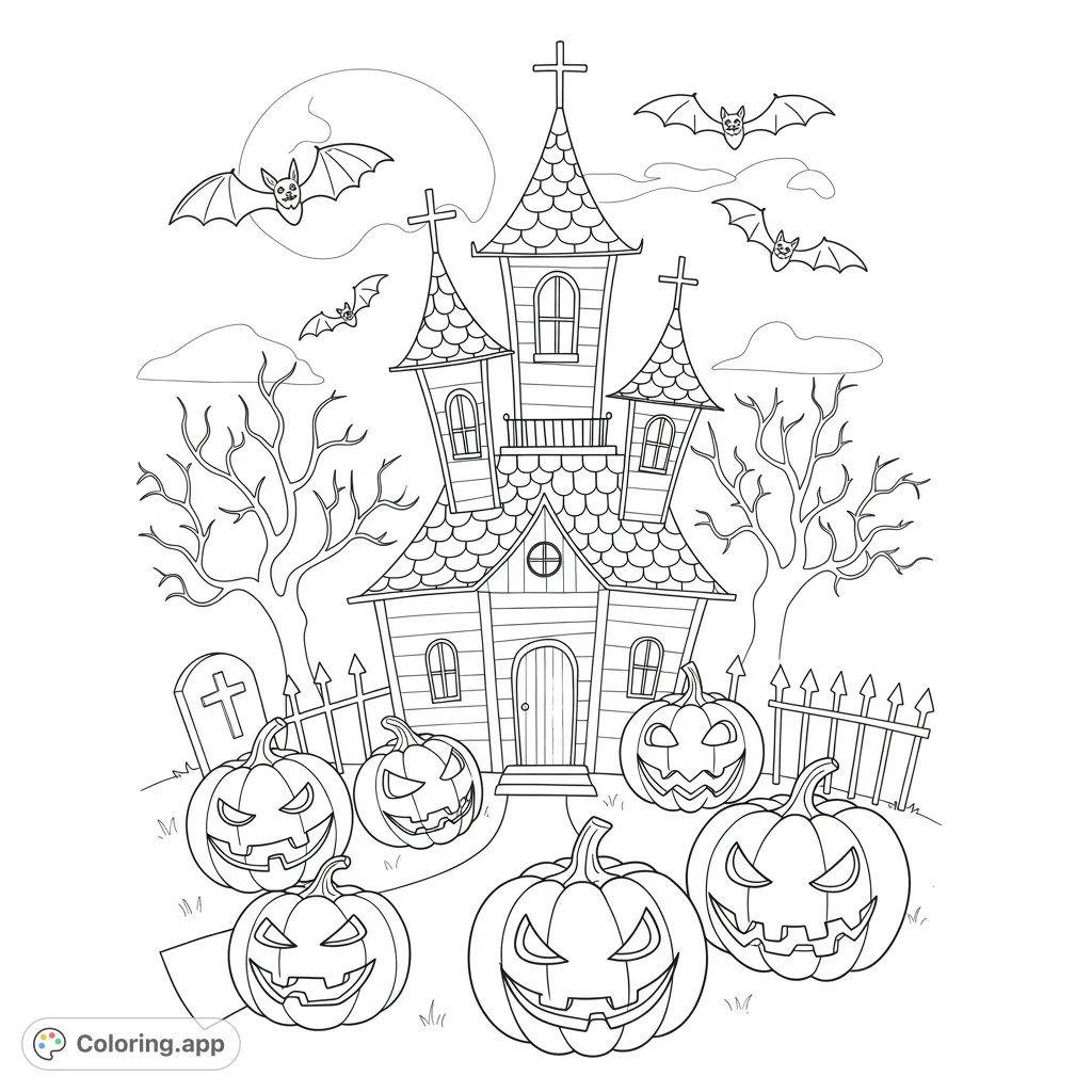 Spooky Halloween coloring page! Features a haunted house, bats, and pumpkins.