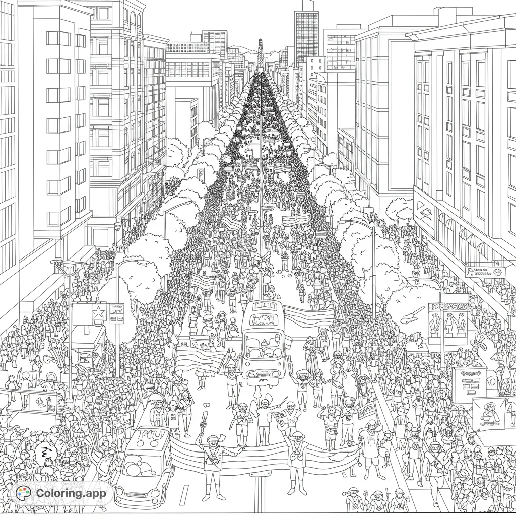 San Francisco Pride Parade coloring page. Wide-angle view of the LGBTQ+ celebration.