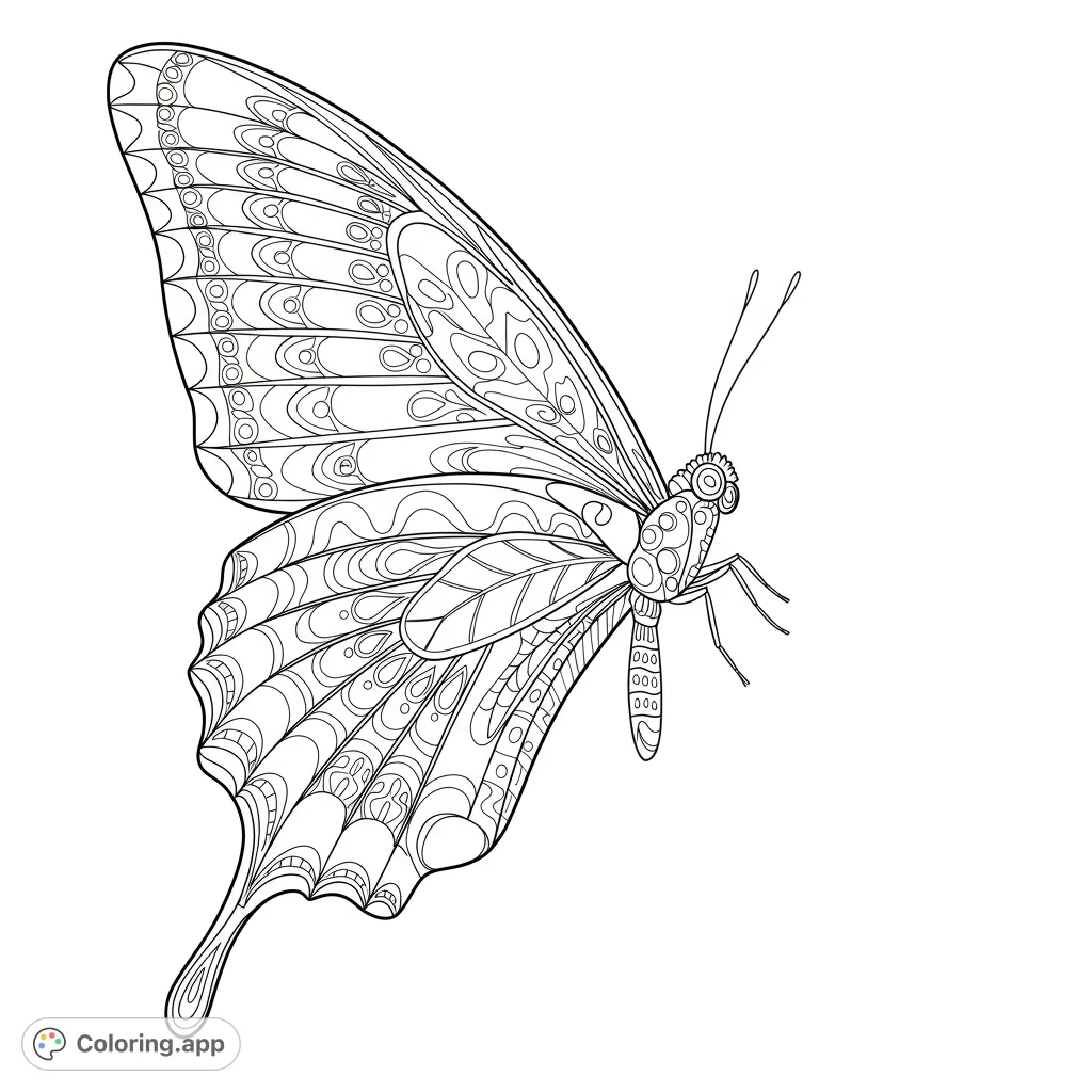 Elegant butterfly coloring page. Features a detailed butterfly with intricate wing patterns and open spaces for easy coloring.
