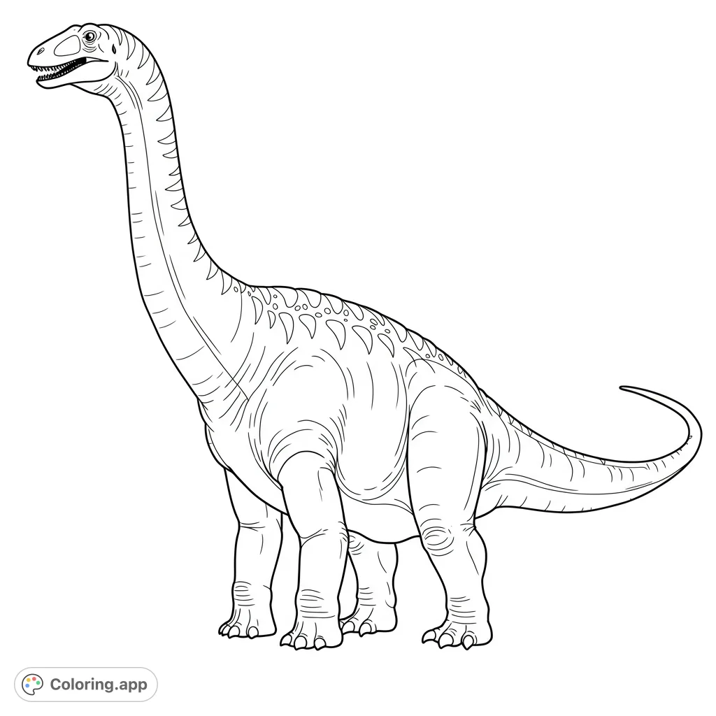 Argentinosaurus coloring page. A detailed black and white line drawing of the Argentinosaurus dinosaur, perfect for kids and adults to color.