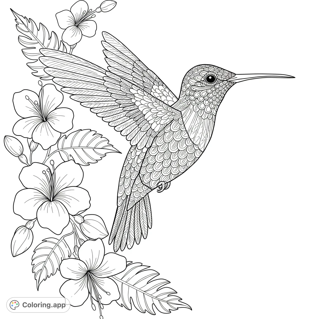 Delicate hummingbird in flight, detailed wings and floral accents. A beautiful black and white line drawing with open spaces for easy coloring.