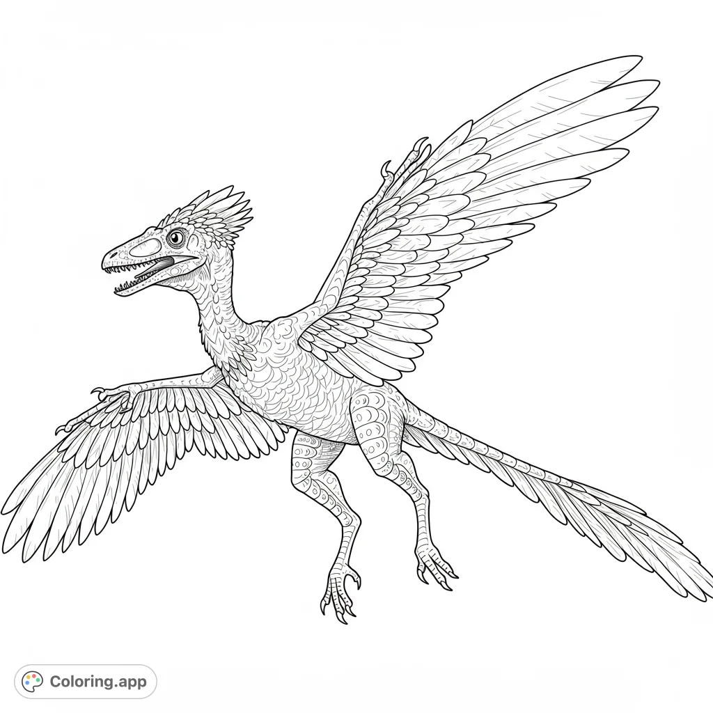 Detailed Archaeopteryx coloring page. Features a prehistoric bird with intricate feather details and a balanced design for easy and enjoyable coloring.