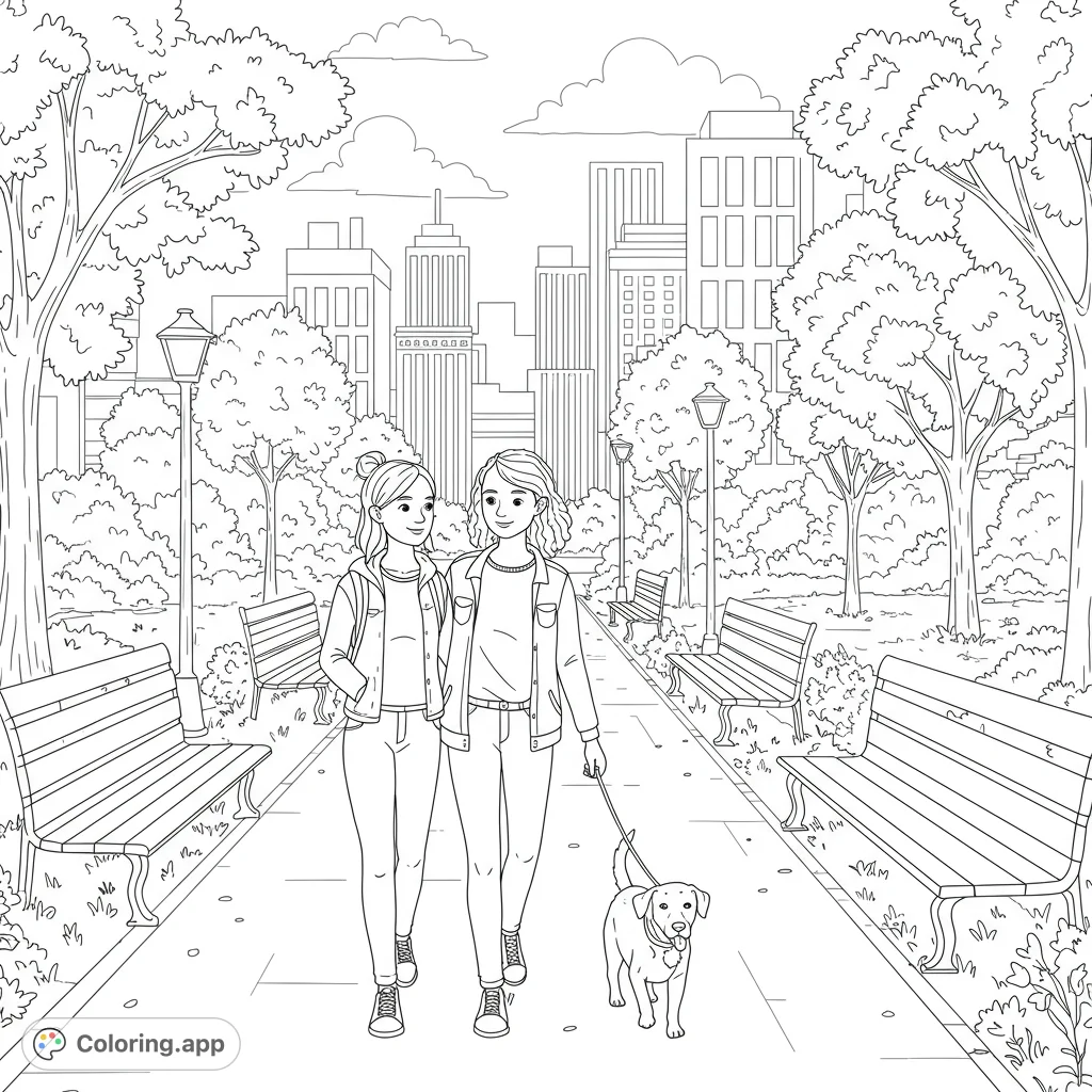 Enjoy this heartwarming coloring page! A lesbian couple strolls through a city park with their dog.