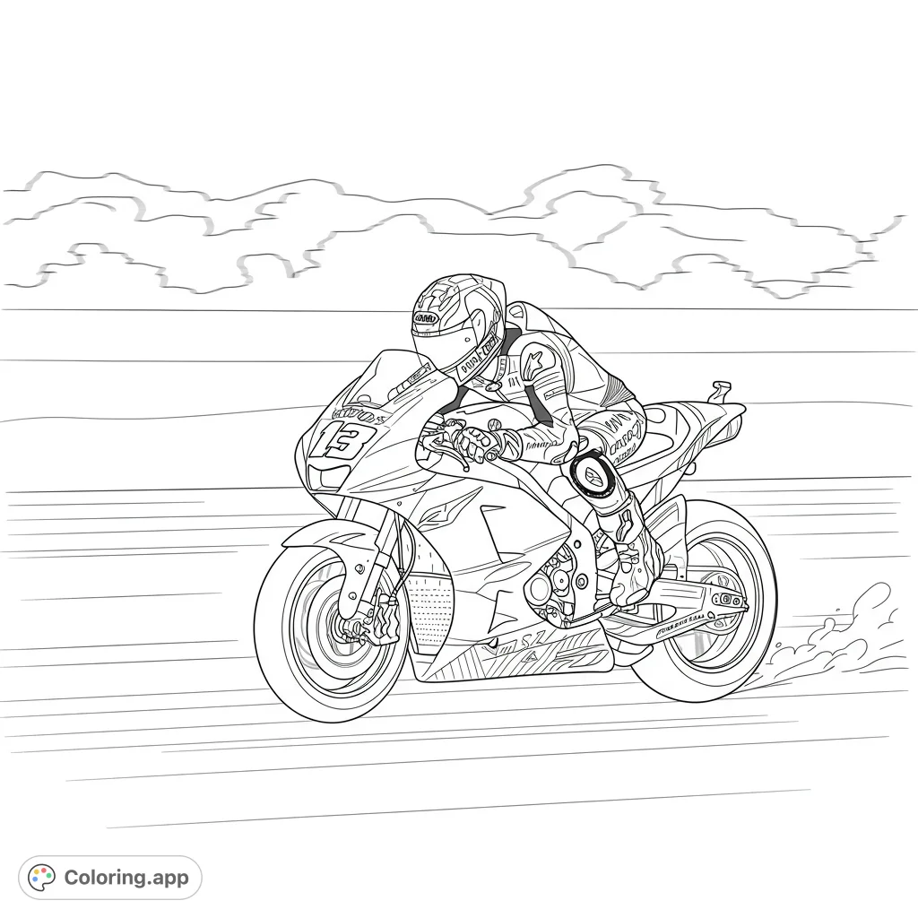 MotoGP race scene coloring page. Features a detailed motorcycle racing at high speed.