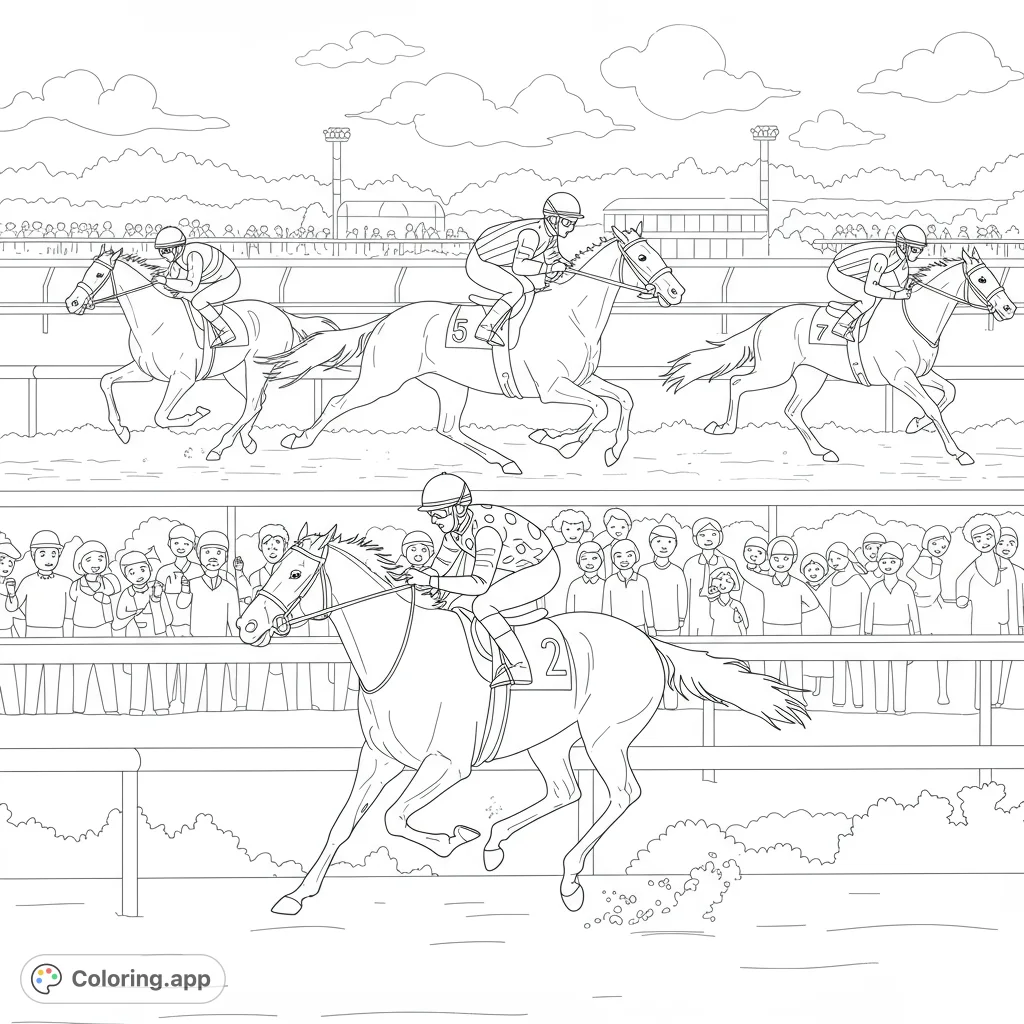 Exciting horse race coloring page! Features detailed horses, jockeys, and a dynamic track scene.