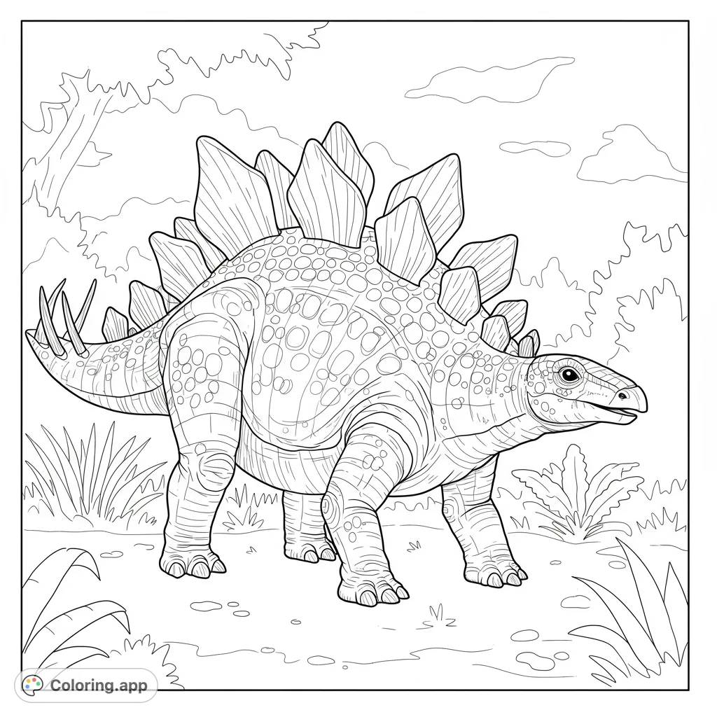 Detailed Stegosaurus coloring page. Features a prehistoric dinosaur with textured plates and a detailed background.