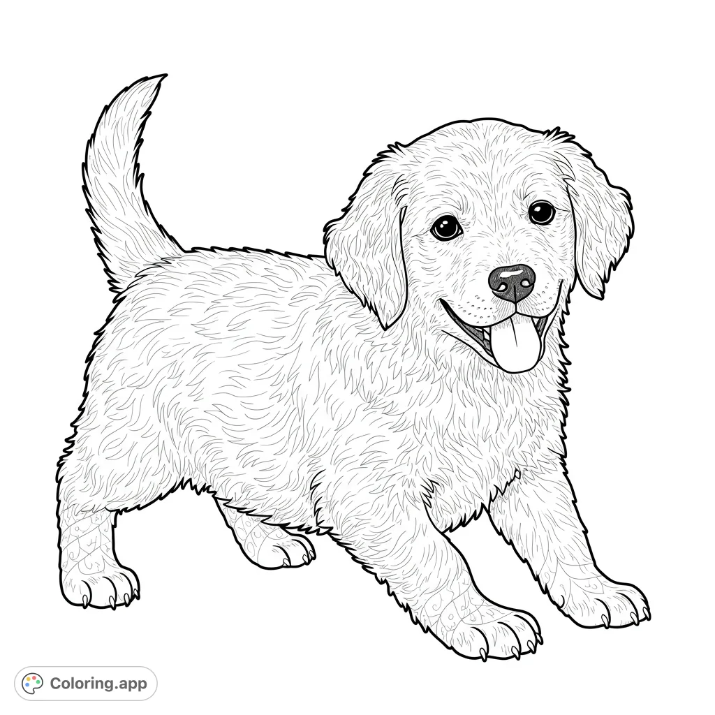 Adorable Golden Retriever puppy coloring page. Features a cute, playful pup with clean lines and open spaces for easy coloring.