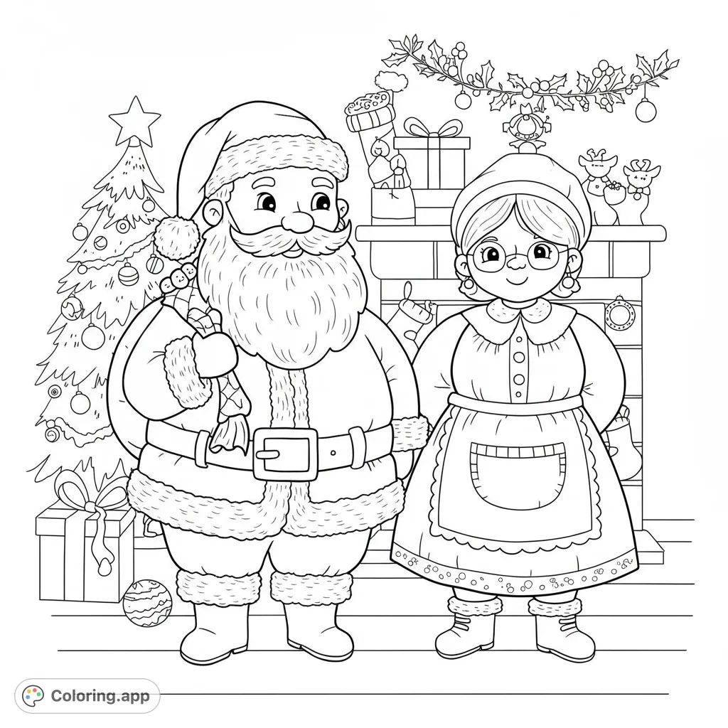 Festive coloring page featuring Santa and Mrs. Claus!