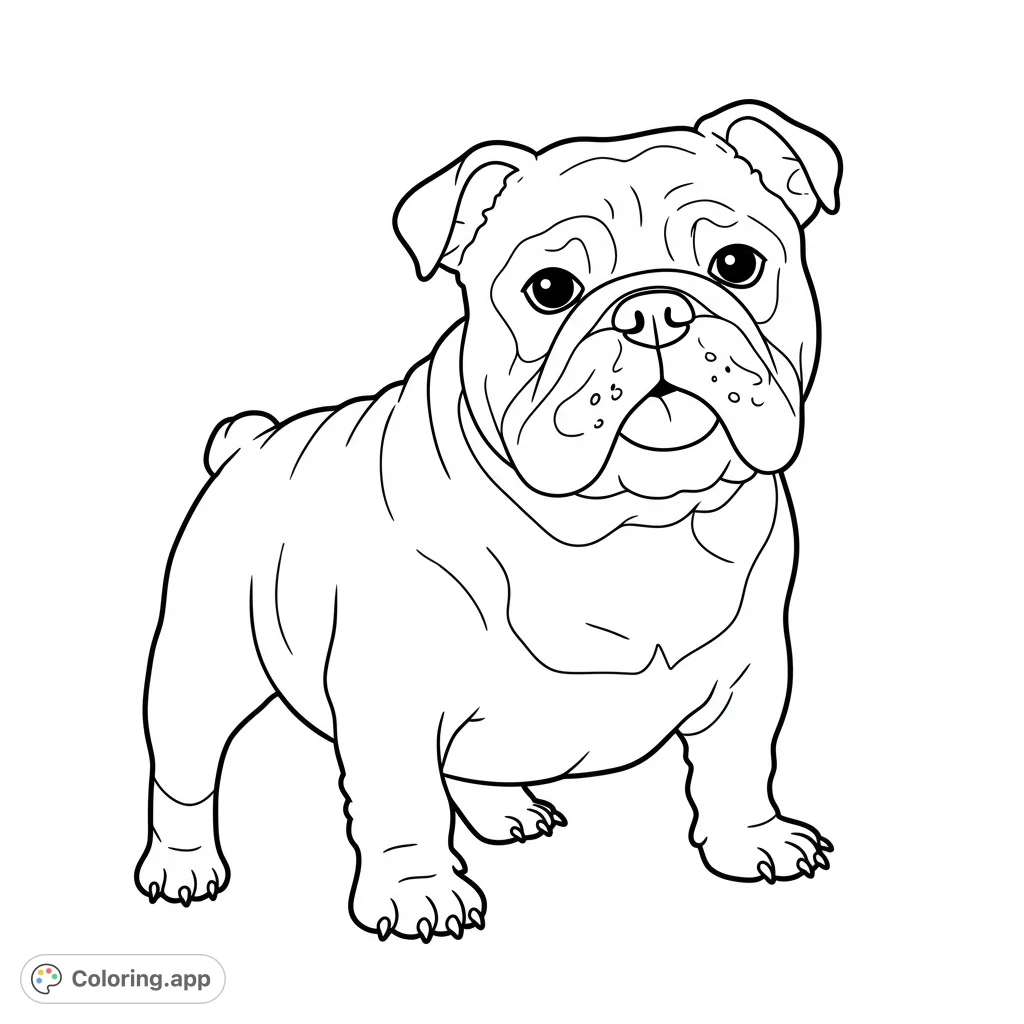 Adorable bulldog coloring page! Features a cute bulldog with bold, clean lines and varied details.