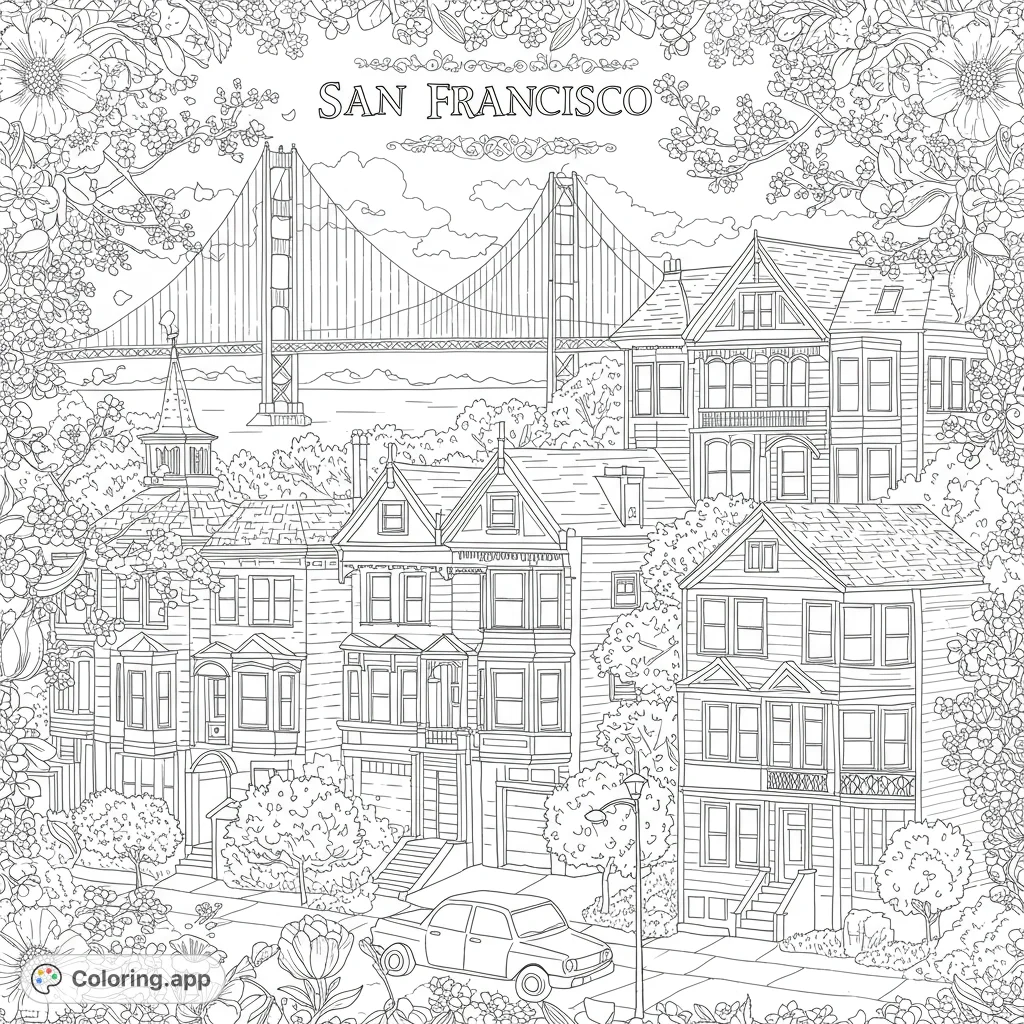 Springtime in San Francisco coloring page! Features iconic landmarks and blooming flowers.