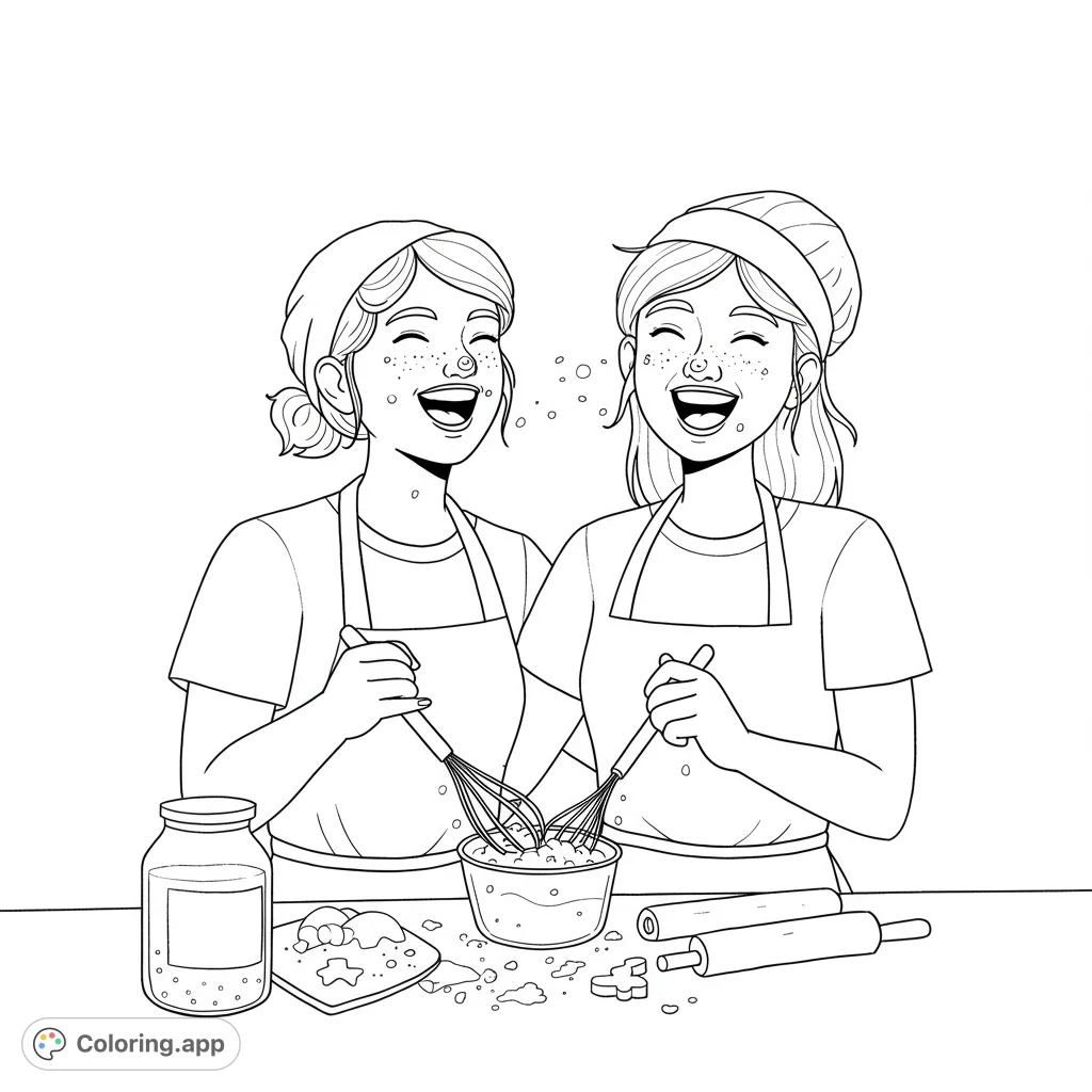 Joyful lesbian couple baking in a kitchen, flour-covered noses, and a playful scene. Perfect for coloring!