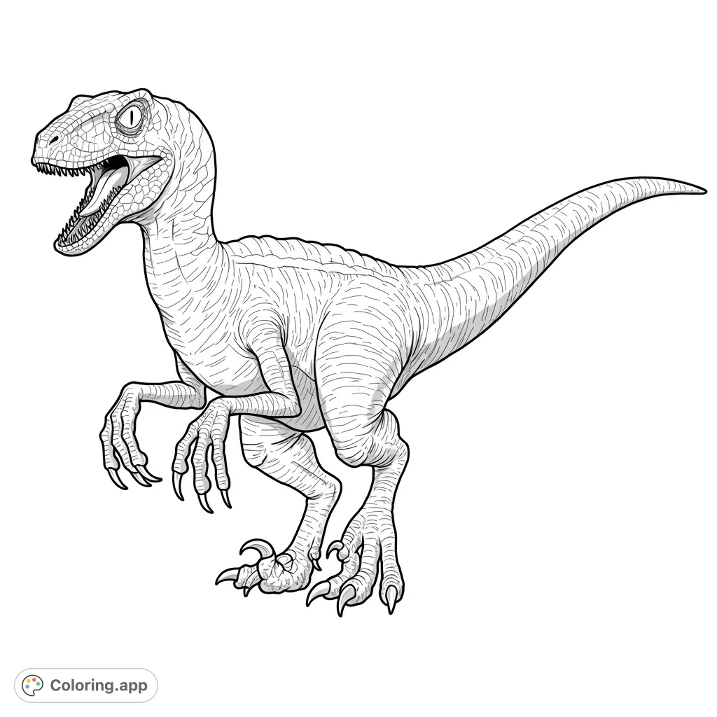 A fierce Velociraptor ready for coloring! This detailed black and white line drawing features bold outlines, intricate patterns, and open spaces for creative fun.