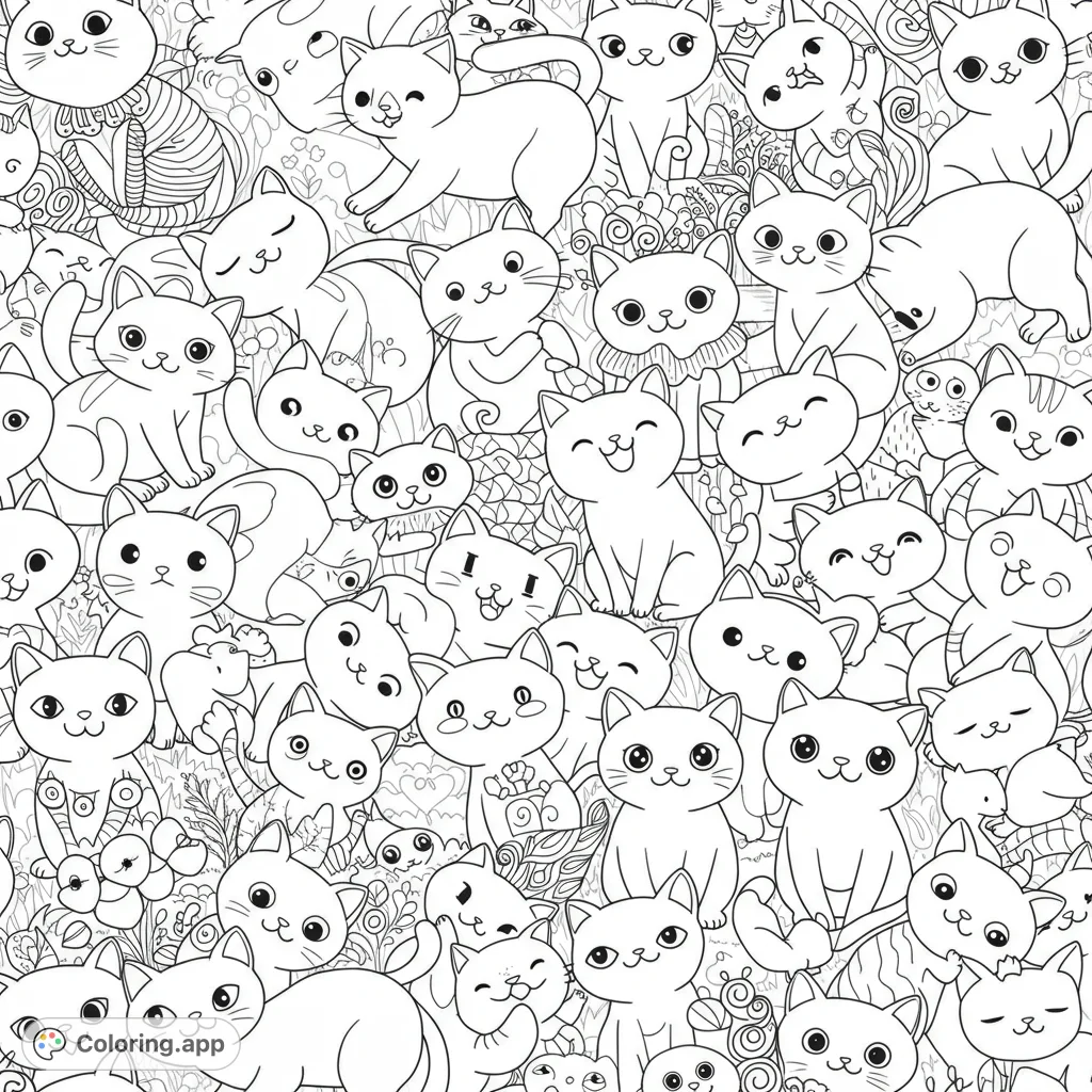 Adorable coloring page featuring a playful gathering of cats in various poses. Perfect for cat lovers of all ages!