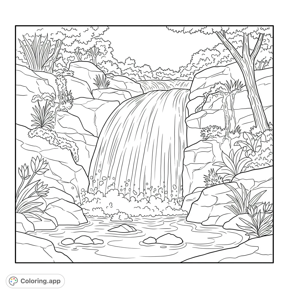 Majestic waterfall coloring page. Features a detailed cascade with rocks and foliage.