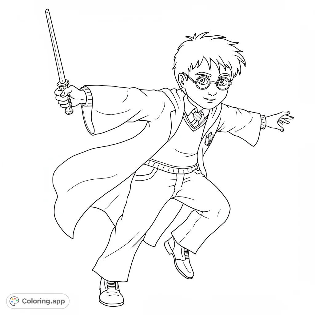A detailed black and white line drawing of Harry Potter, perfect for coloring. Features clean lines, open spaces, and intricate details for a fun and engaging coloring experience.