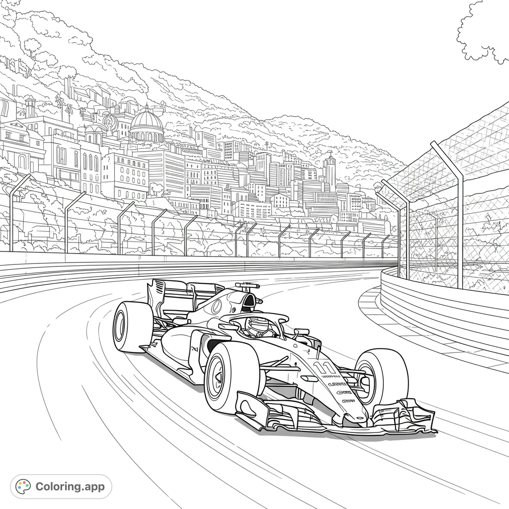 Monaco Grand Prix coloring page. Detailed F1 race car speeding through the iconic Monaco circuit.