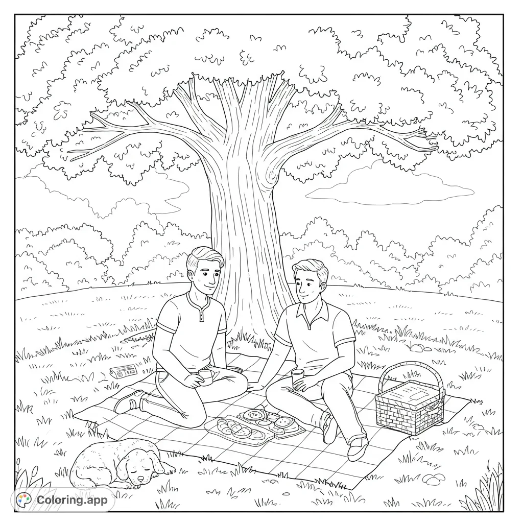 Two loving gay men enjoy a picnic in the park with their dog. A heartwarming black and white line drawing with clean lines and open spaces for coloring.